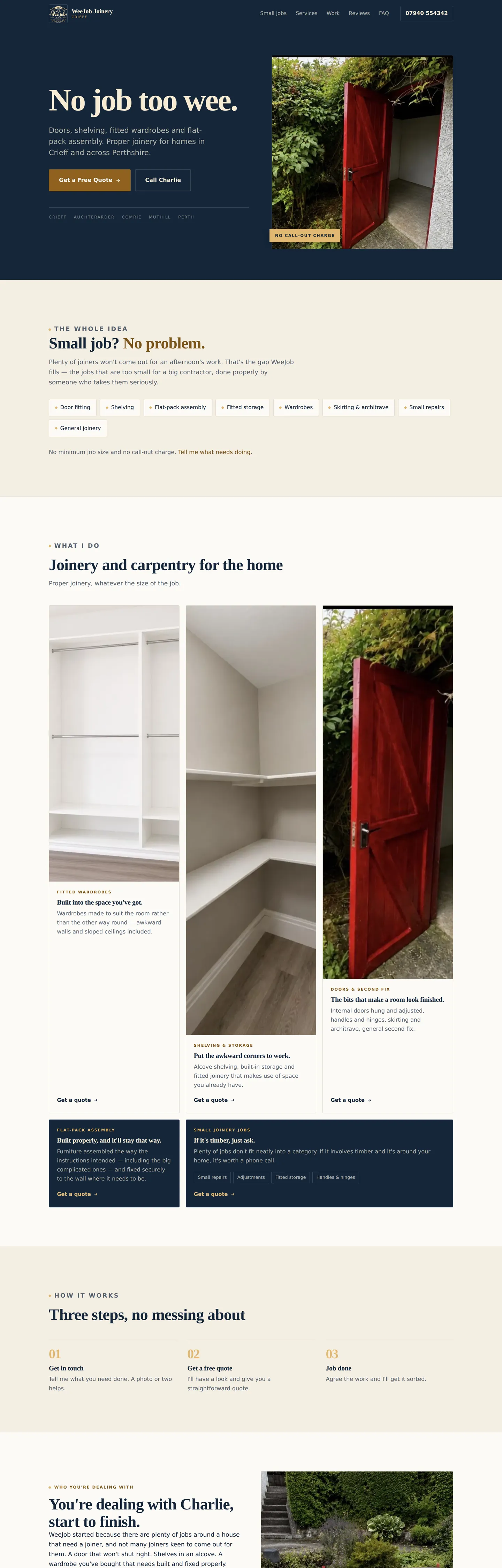 The WeeJob Joinery homepage on desktop, showing the navy hero with the headline 'No job too wee' beside a photo of a red timber door